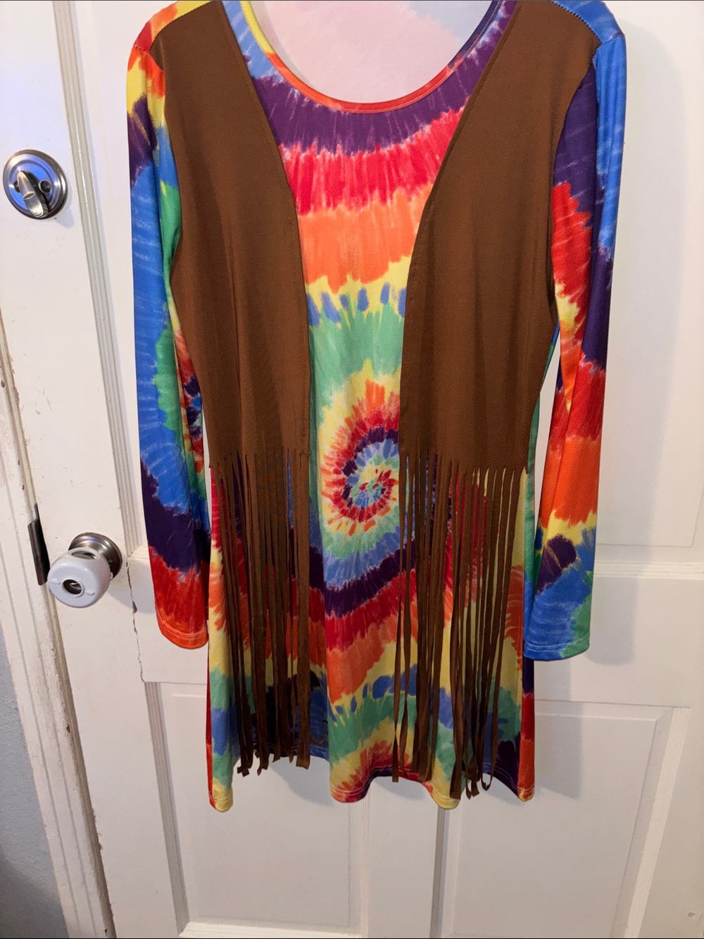 Tie-Dye Long Sleeve Dress with Brown Fringe Vest PTP 19” x 34” lots of stretch